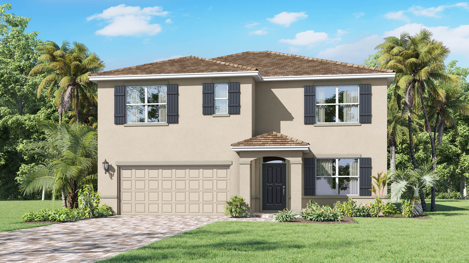A two-story beige house with black shutters, a dark front door, paver driveway and landscaped yard.