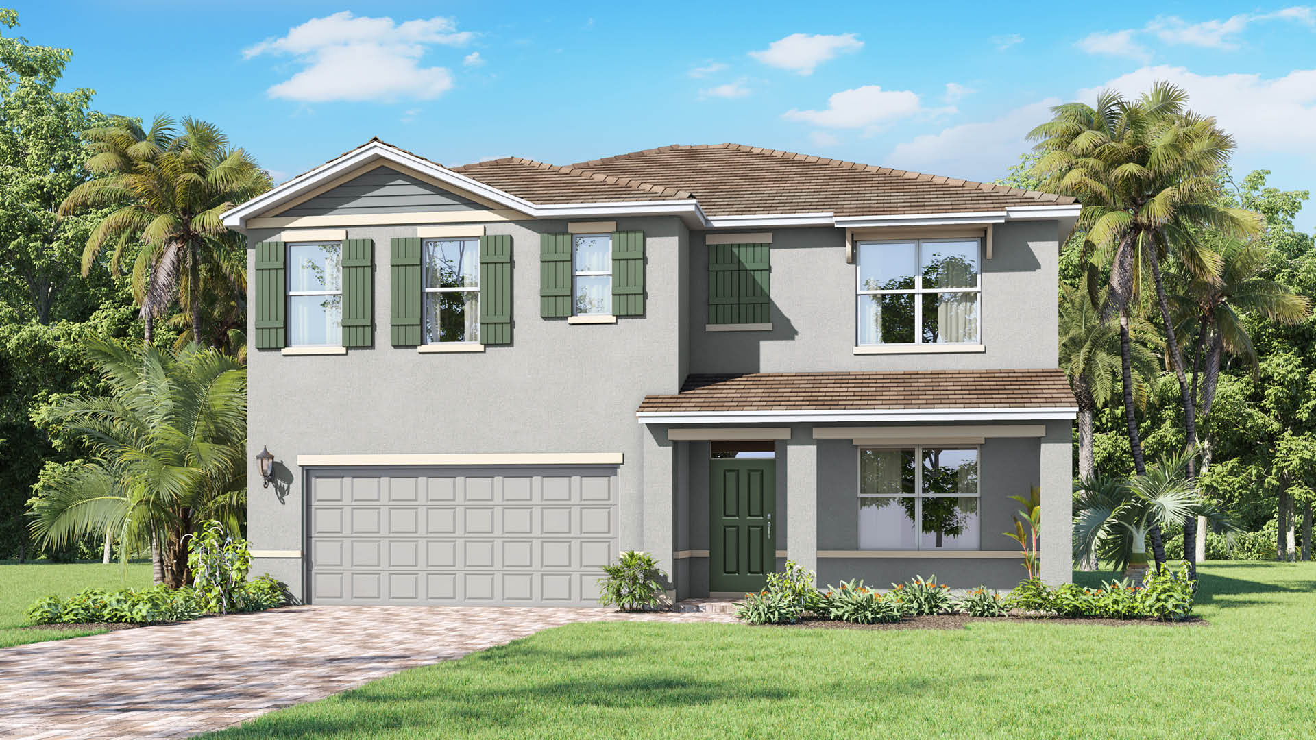 Modern two-story house with green shutters, a welcoming porch, and a two-car garage, surrounded by lush greenery and palm trees.