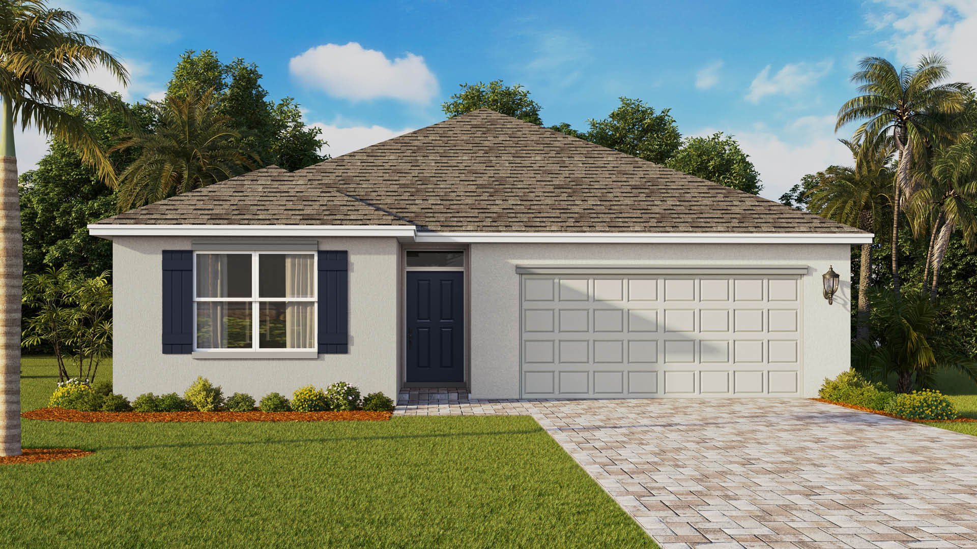 A modern single-family home with a peaked roof, navy shutters, a two car garage, and paver driveway.