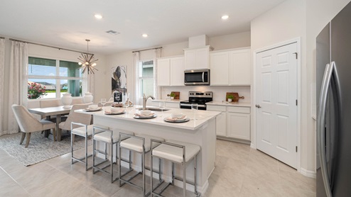 Delray Model 4Delray Kitchen featuring white cabinets, beautiful island and stainless appliances overlooking the dining room