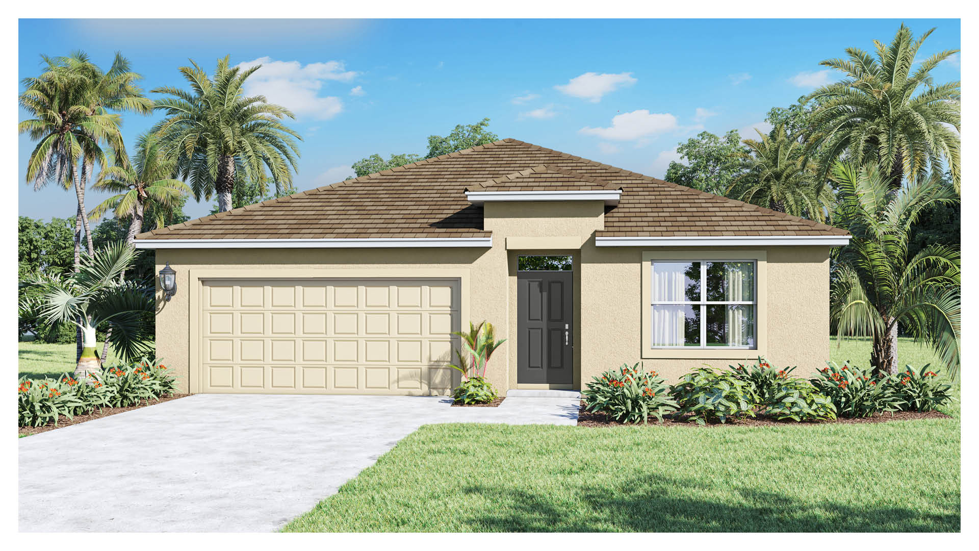 Single-Story home with tan exterior and grey front door. Large window on left of home with 2 Car Garage.