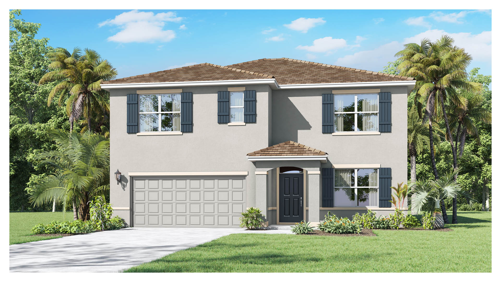 A two-story home with a modern design features a covered entryway, a two-car garage, and large windows with decorative shutters. The exterior is finished in neutral tones with a landscaped front yard.