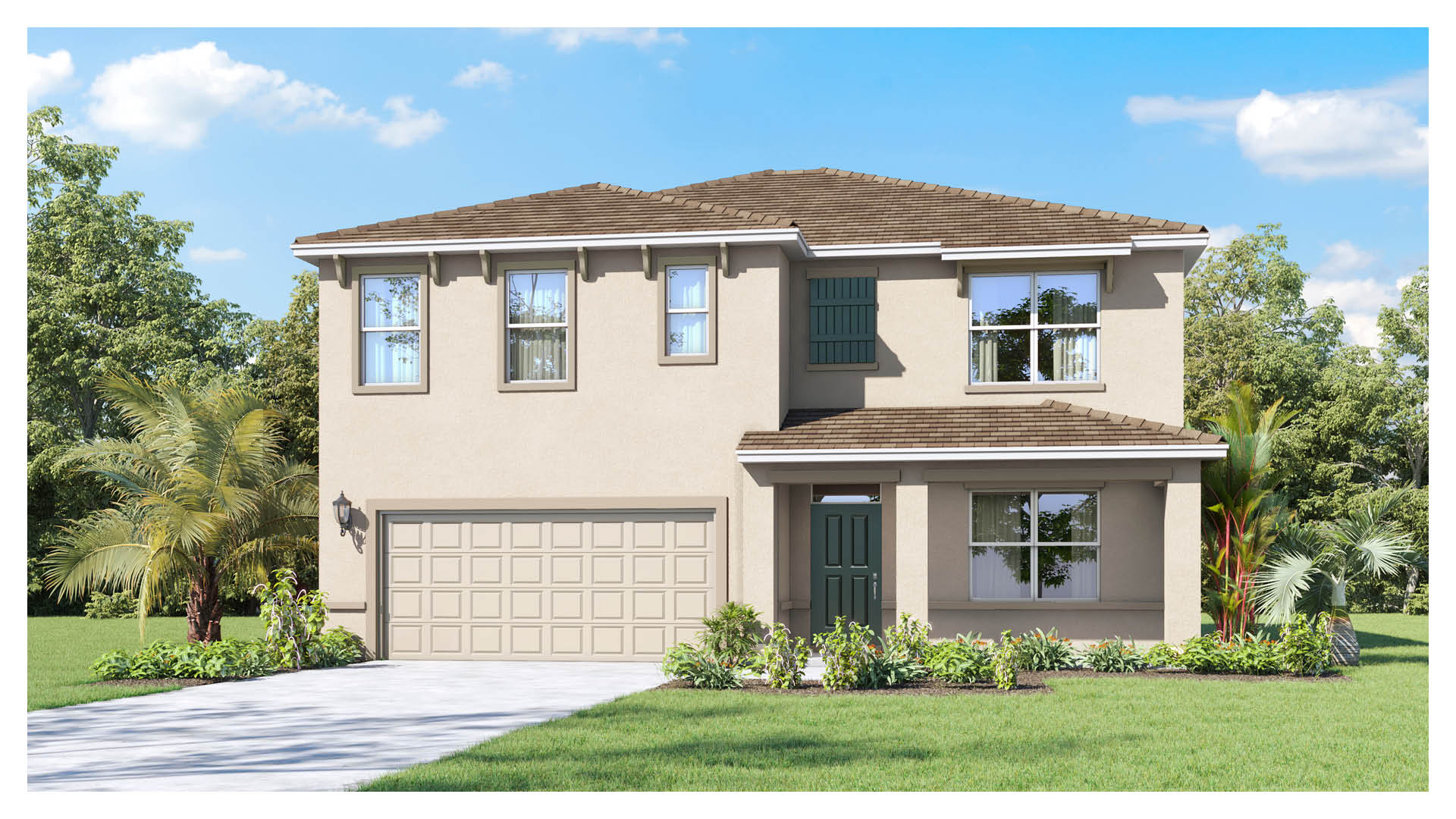 A two-story home with a modern design features a covered entryway, a two-car garage, and several large windows on front elevation. The exterior is finished in neutral tones with a landscaped front yard.