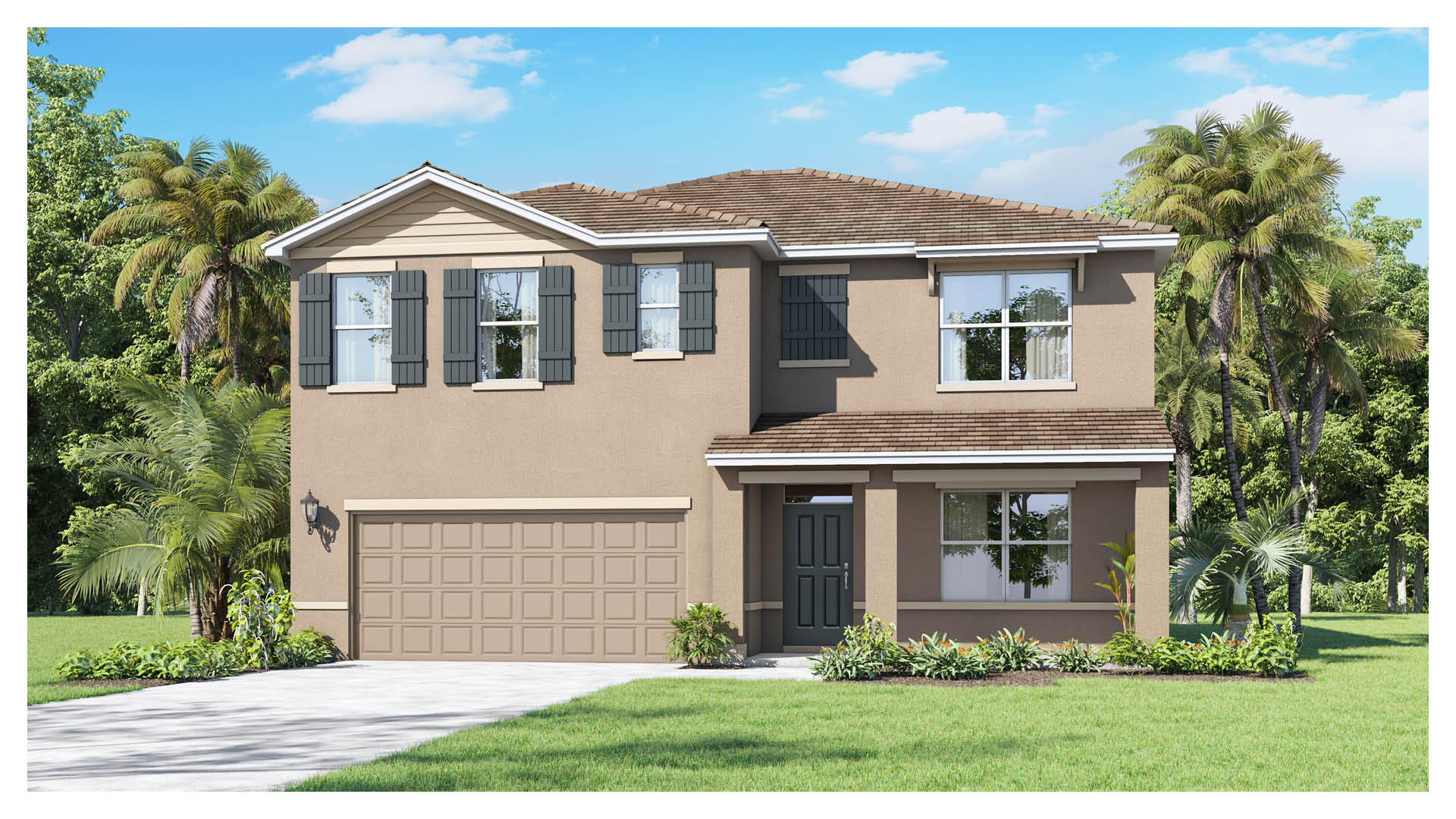 A two-story home with a modern design features a covered entryway, a two-car garage, and several large windows with decorative shutters.