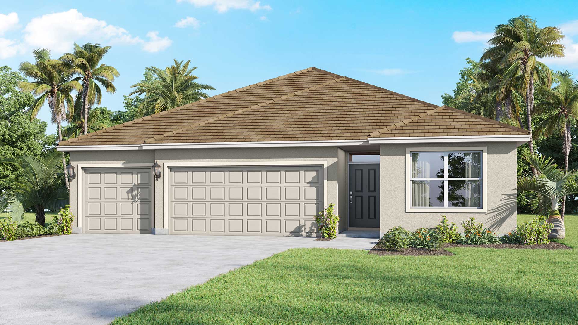 A modern single-story home features a three-car garage, a neutral-colored exterior, and a sleek front entrance. The design includes large windows and subtle architectural details that enhance its contemporary appeal.