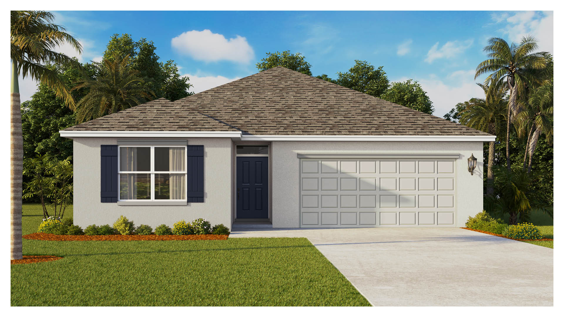 Single-story home with 2 car garage. Large window on left side of home with blue shutters.