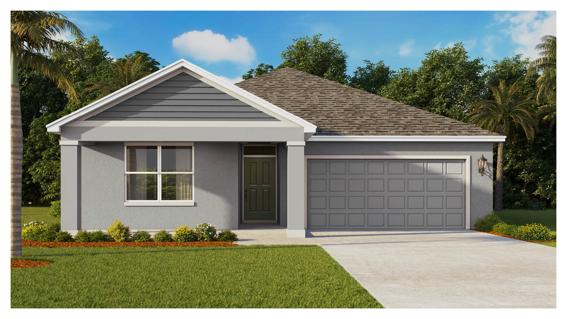 Single-story home with 2 car garage. Covered entry with large window on the left side of the front exterior.