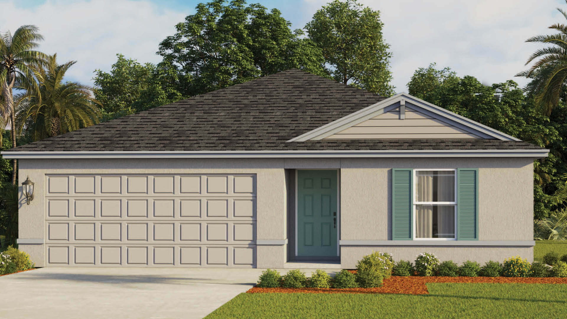 A modern single-story house with a light beige exterior, a green door, and teal shutters, surrounded by lush greenery and landscaping.