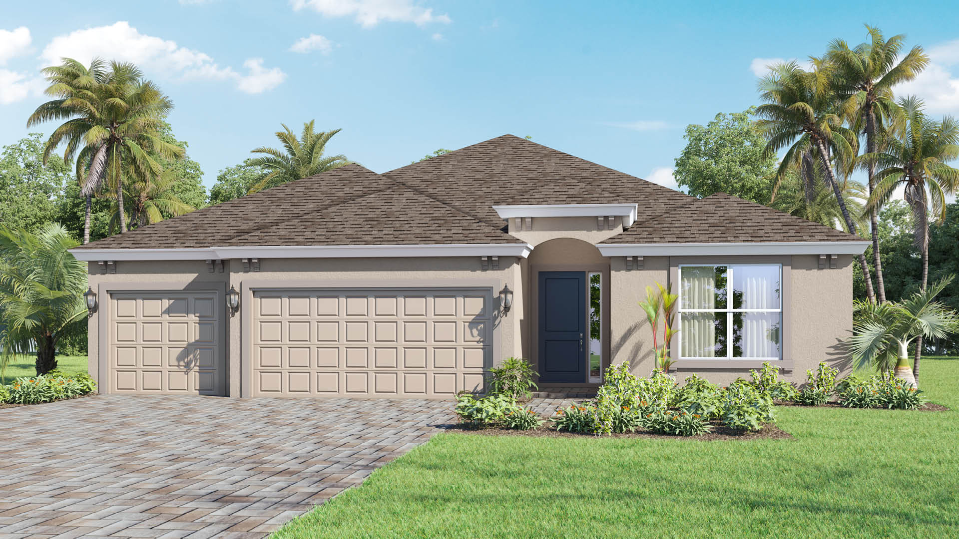 Single-story home, three car garage and paver driveway.