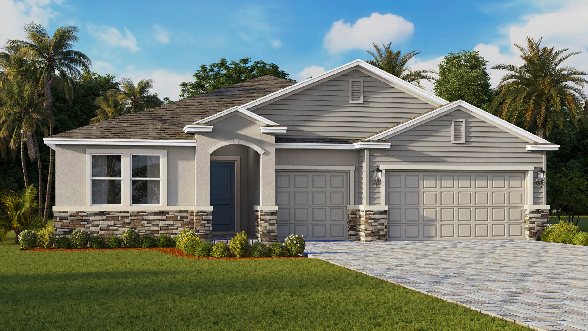 Single-story home with grey siding, stone accents, three car garage and paver driveway.