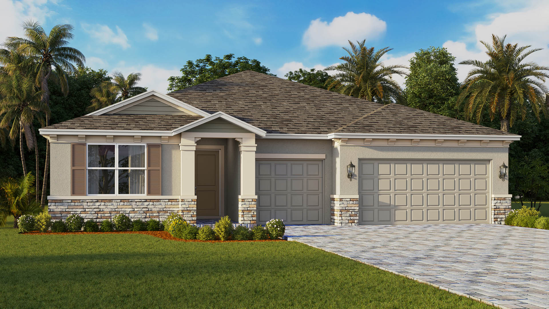 Single-story home with light brown door and shutters, paver driveway and three car garage.
