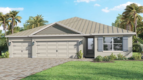 Madison Front Elevation. Modern one-story home with metal roof, 3-car garage, paver driveway and neutral color scheme.