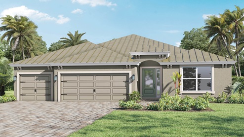 Redbud Front Elevation- Modern one-story home with brown metal roof, 3-car garage, brick pavers and green front door.