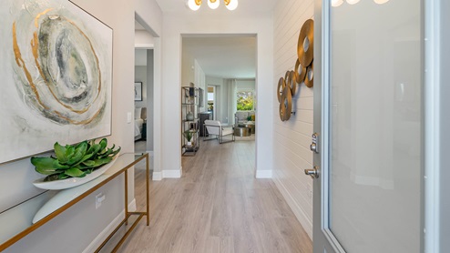 Foyer with vinyl plank flooring leading into living room.