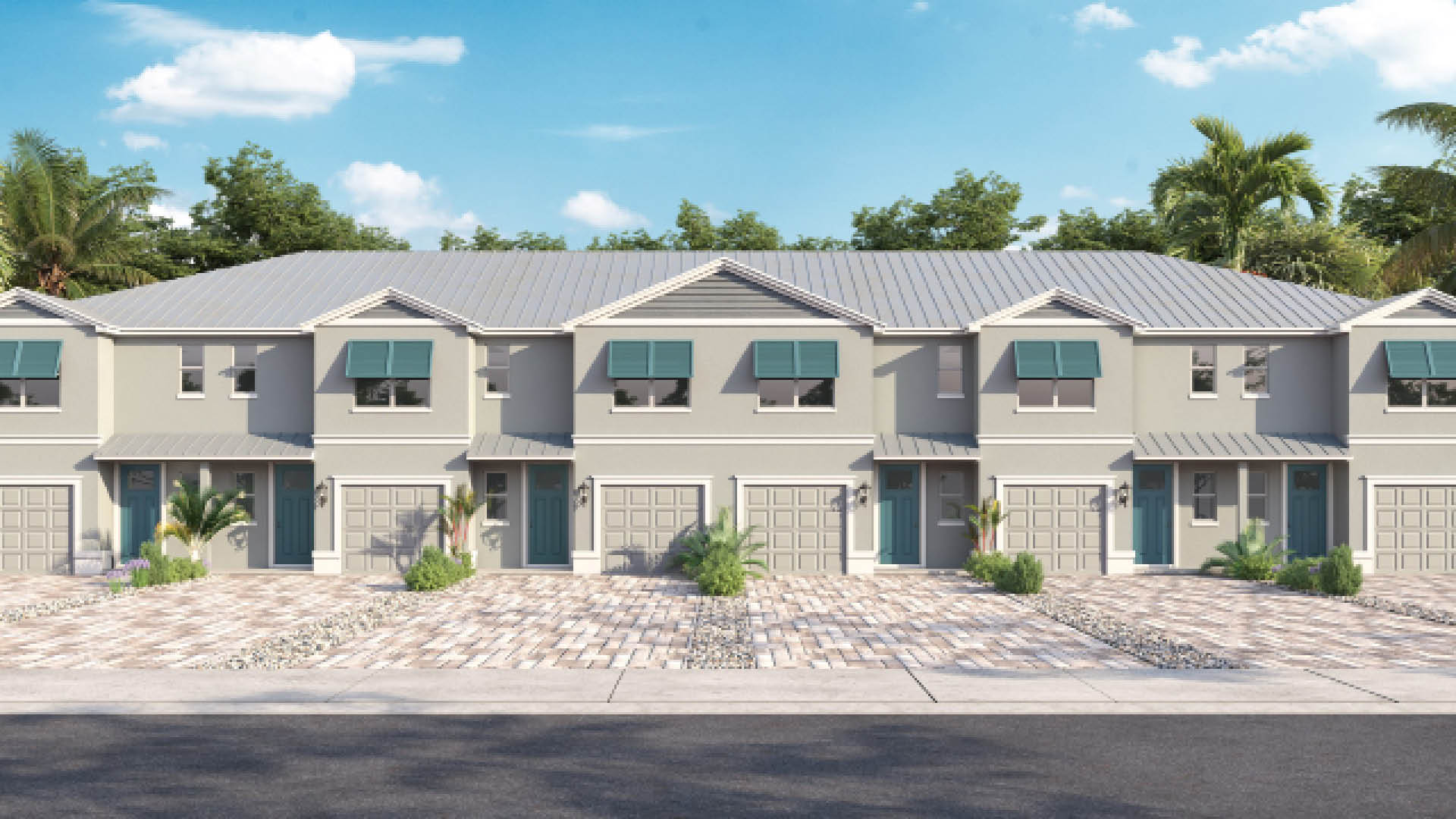 A row of modern townhouses with teal accents, surrounded by palm trees, a brick-paver driveway and one car garage.