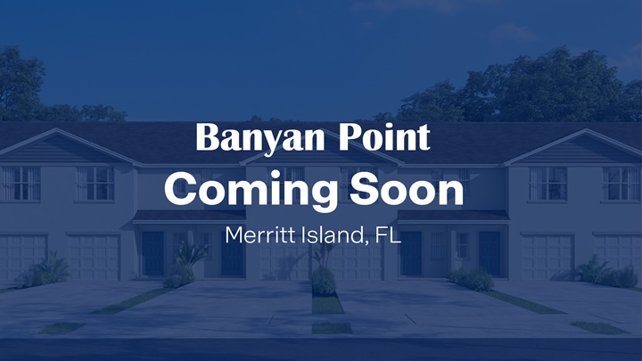 New townhomes at Banyan Cove in Meritt Island, FL, with a modern design and spacious driveways.