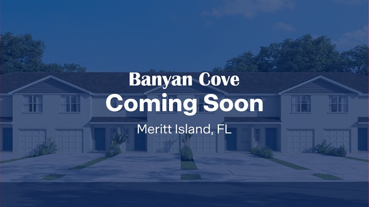 New townhomes at Banyan Cove in Meritt Island, FL, with a modern design and spacious driveways.