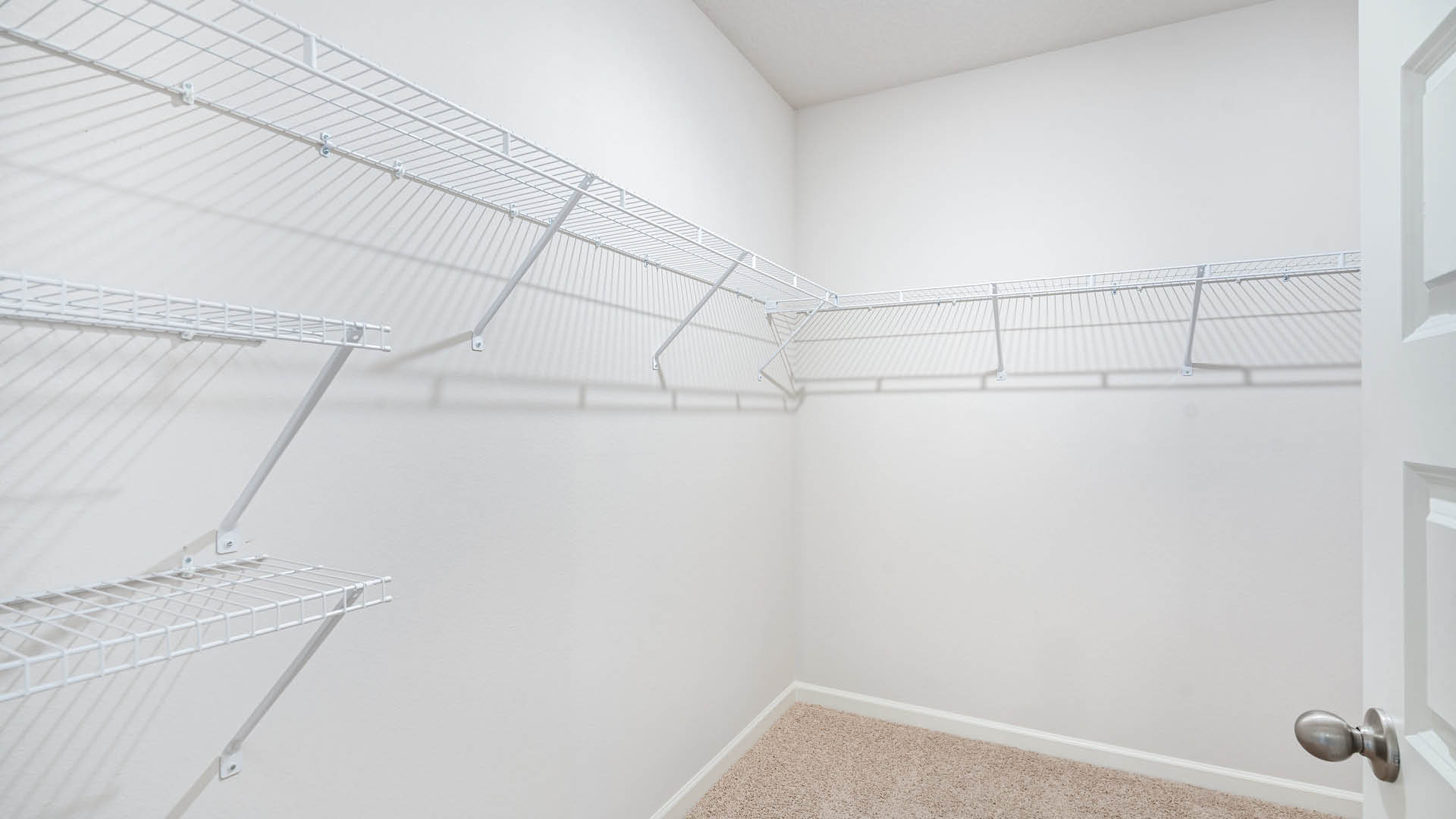Empty walk-in closet with white walls and beige carpet. Metal wire shelving lines two walls, creating a clean and organized storage space.