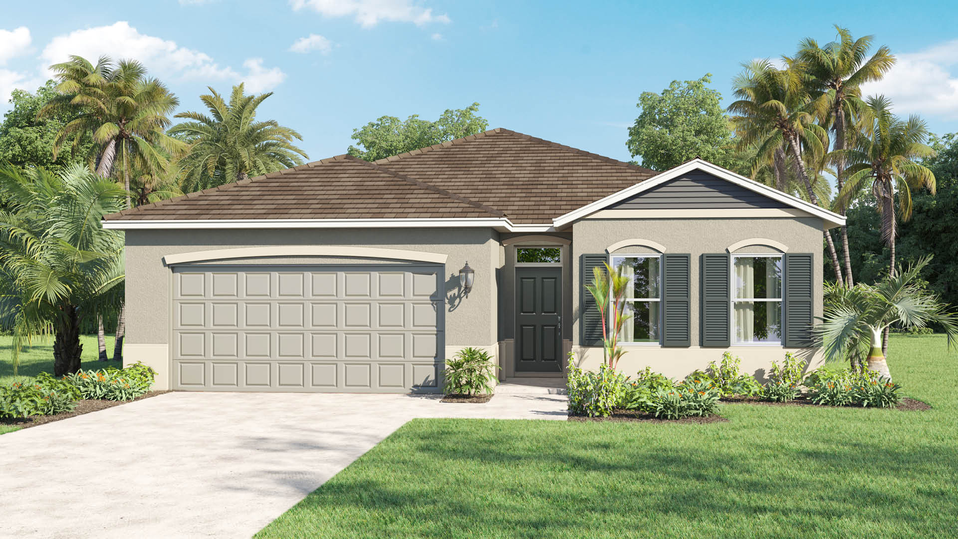 Single story home with grey exterior, white trim and dark grey shutters. Two car garage.