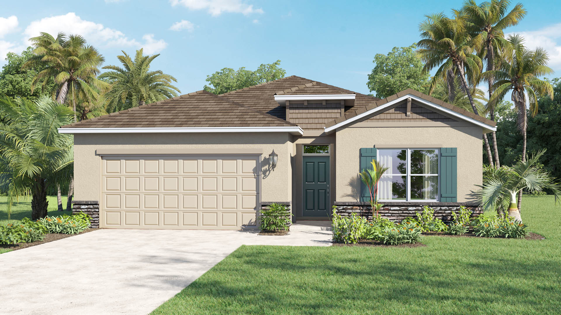 Single story home with beige exterior, green front door and shutters. Two car garage.