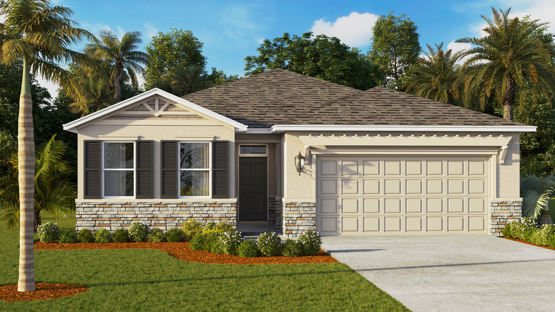 Single story home with stone accents, beige exterior, dark grey front door and shutters. Two car garage.
