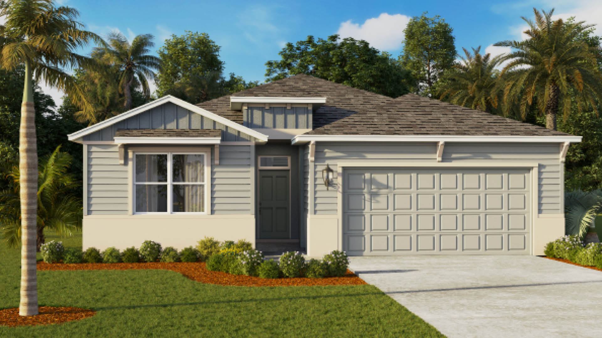 Single story home with blue siding and two car garage.