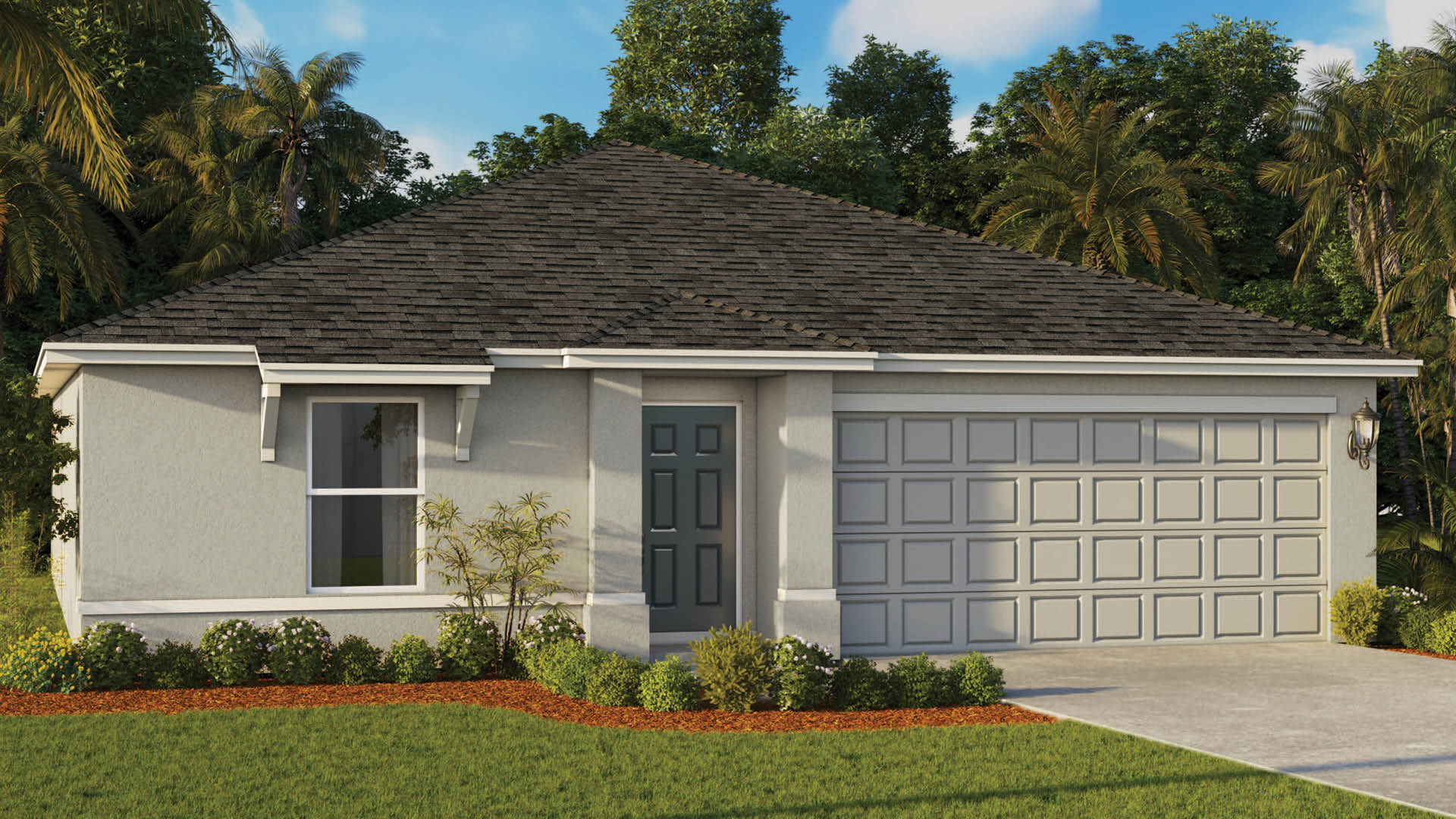 An exterior rendering showing a modern townhome with a shingled roof and manicured landscaping.