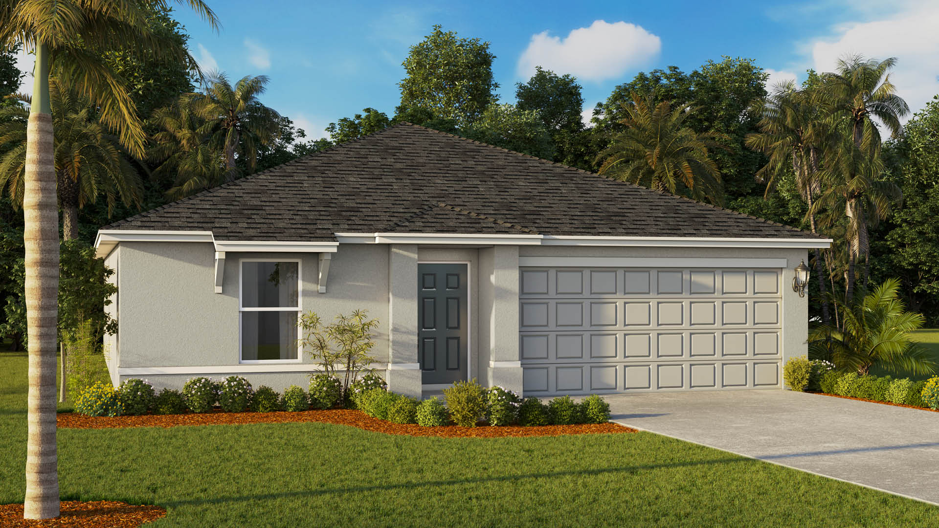 An exterior rendering showing a modern single-family home with a shingled roof and manicured landscaping.