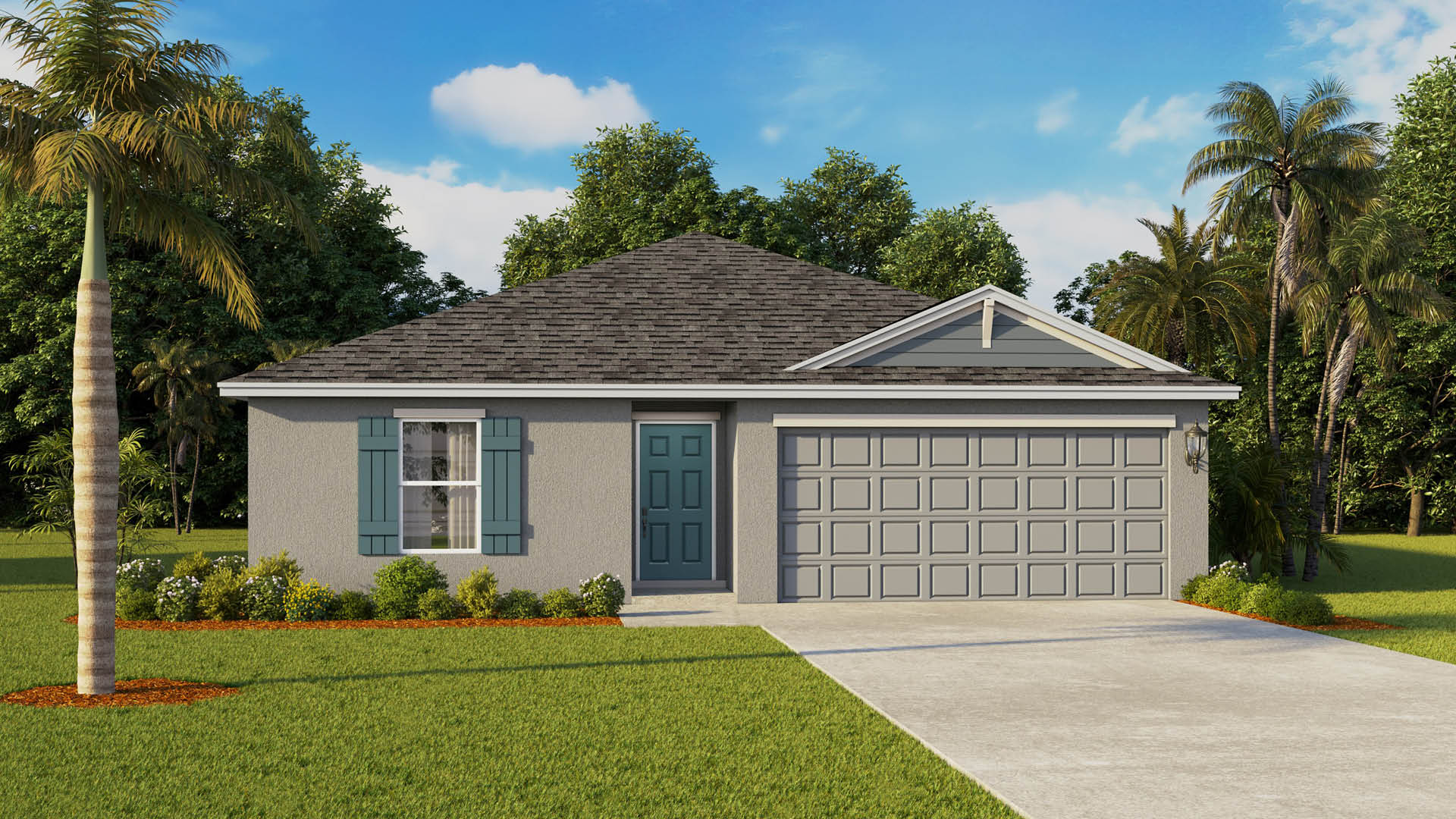Single-story home with grey exterior, teal front door and shutters.