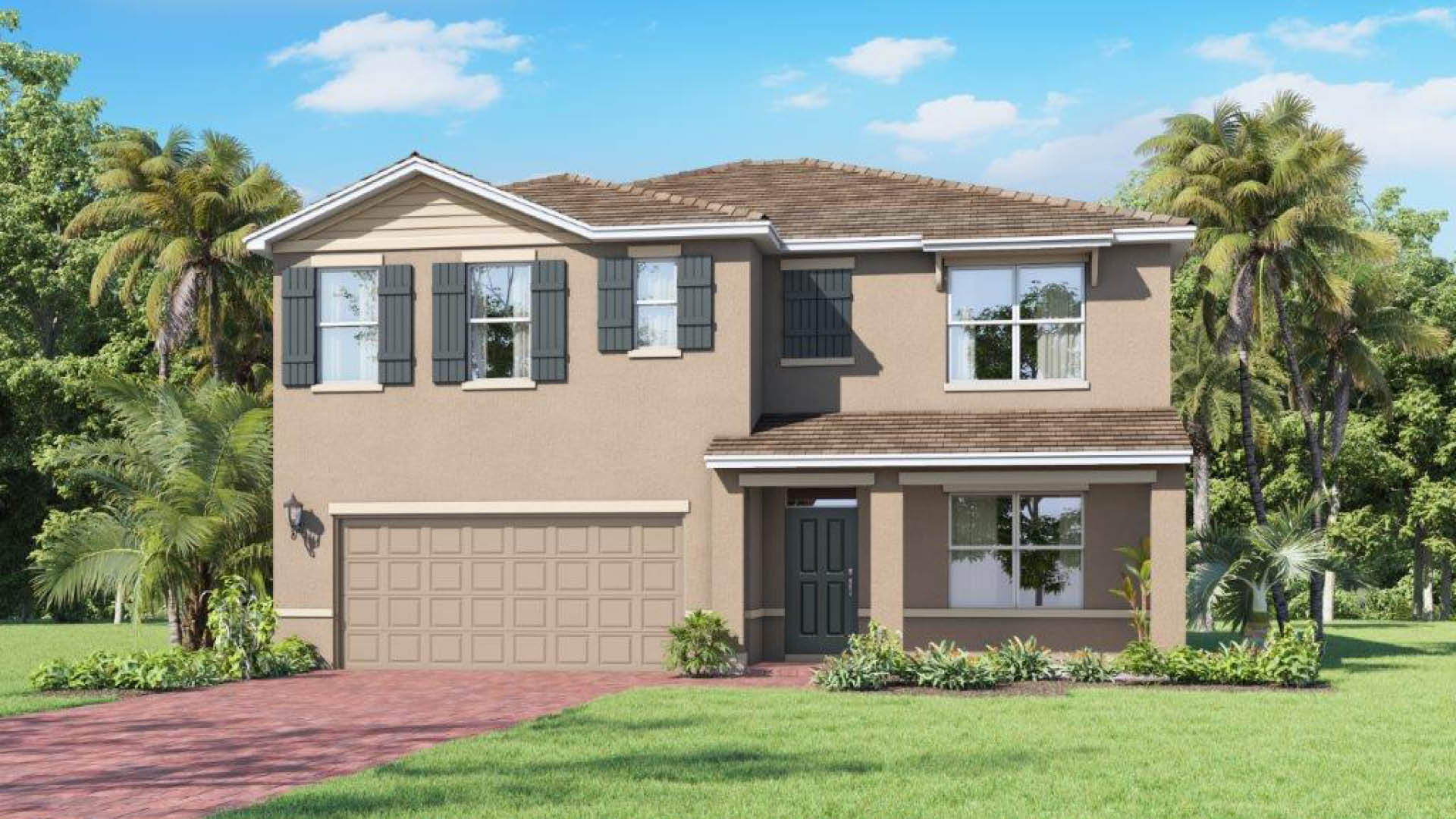 An exterior rendering showing a modern single-family home with a shingled roof and manicured landscaping.