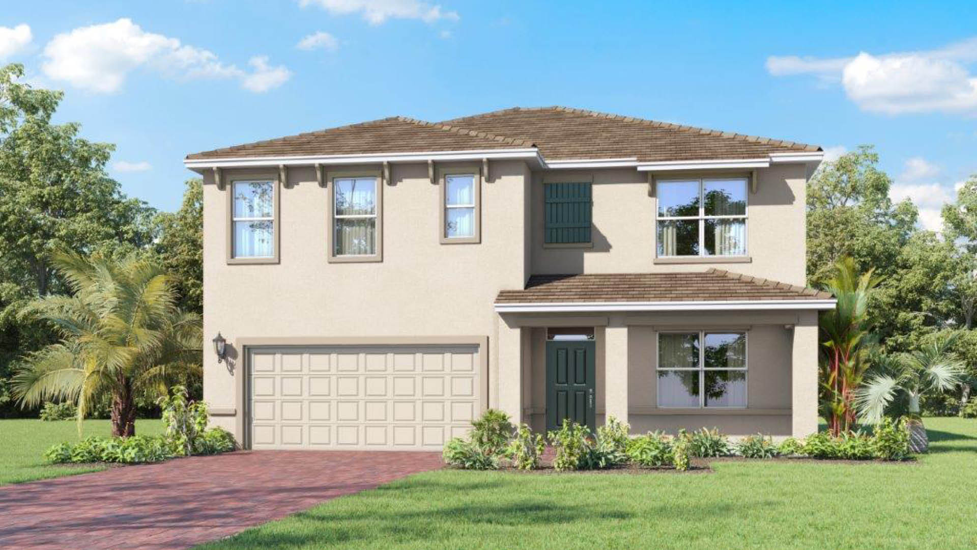 An exterior rendering showing a modern single-family home with a shingled roof and manicured landscaping.