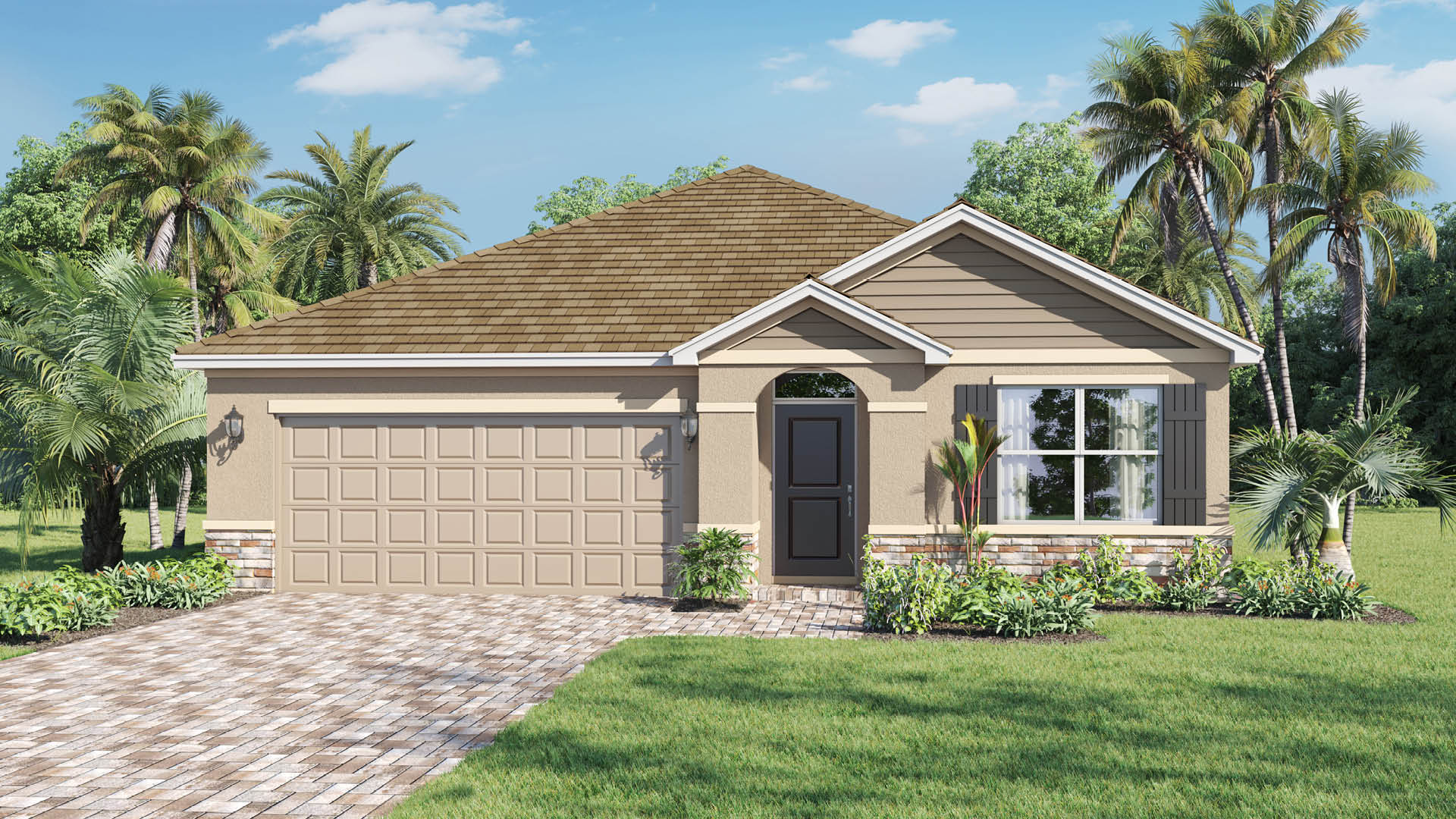 Exterior of a single-story house with a tan stucco facade, stone accents along the base, a brown shingled hip roof, a two-car garage, and a brick paver driveway surrounded by lush landscaping and palm trees.