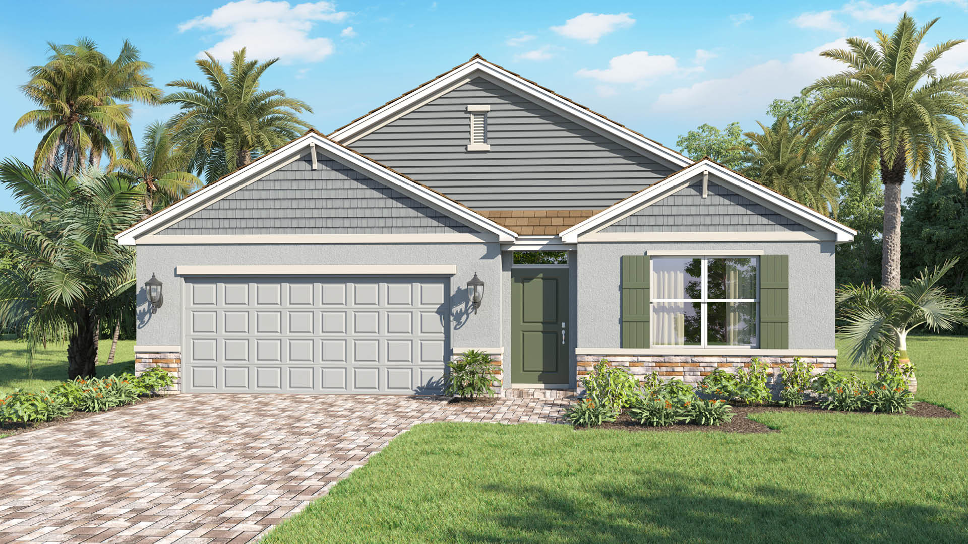 A single-story coastal-inspired home features a light gray exterior with a multi-colored stone base, dark gray siding accents, olive green shutters and a matching front door, a brick-paved driveway, and a lush lawn surrounded by palm trees.