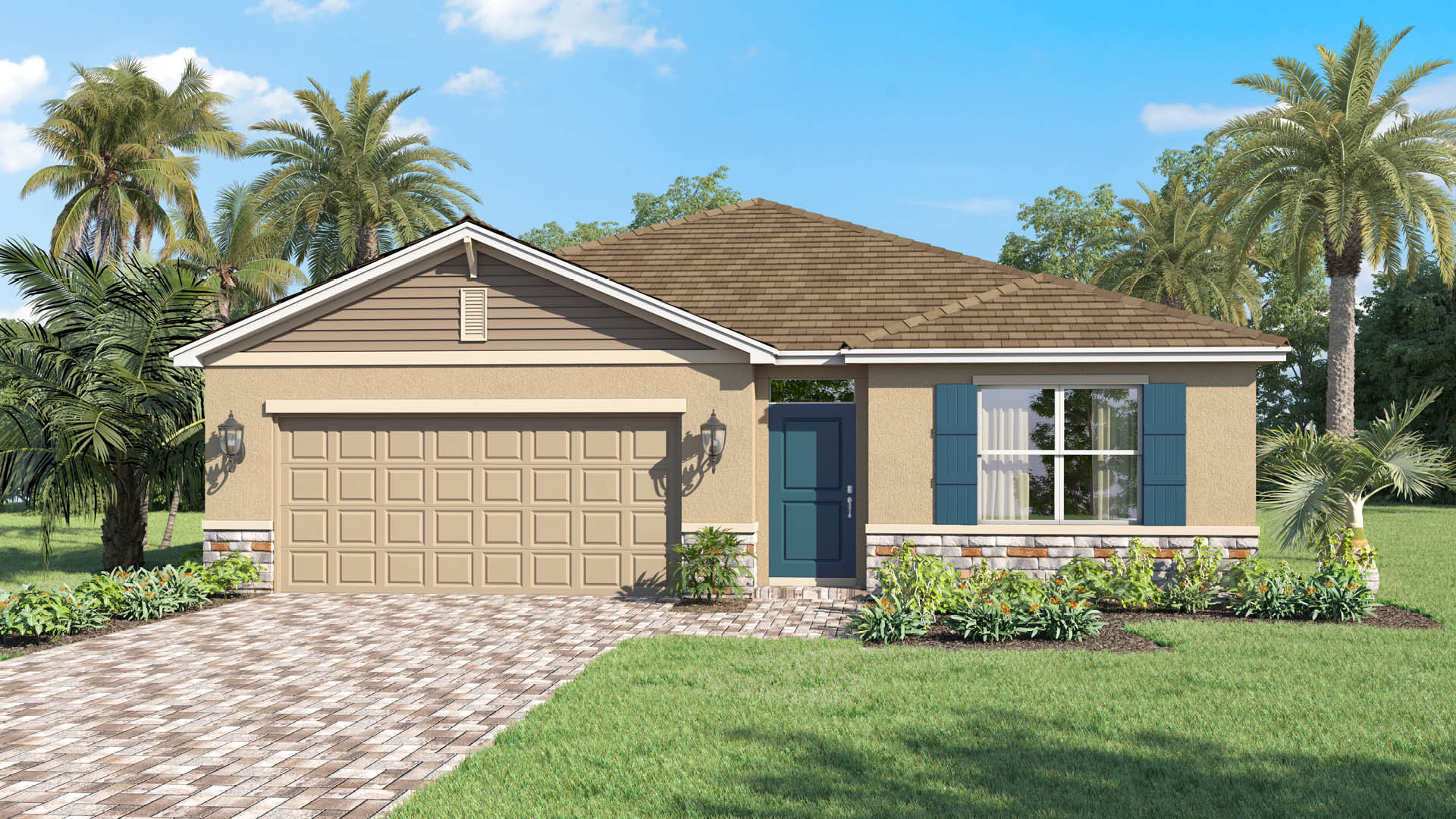 A single-story coastal-inspired home features a tan stucco exterior with a multi-colored stone base, light brown siding accents, teal shutters and a matching front door, a brick-paved driveway, and a lush lawn surrounded by palm trees.