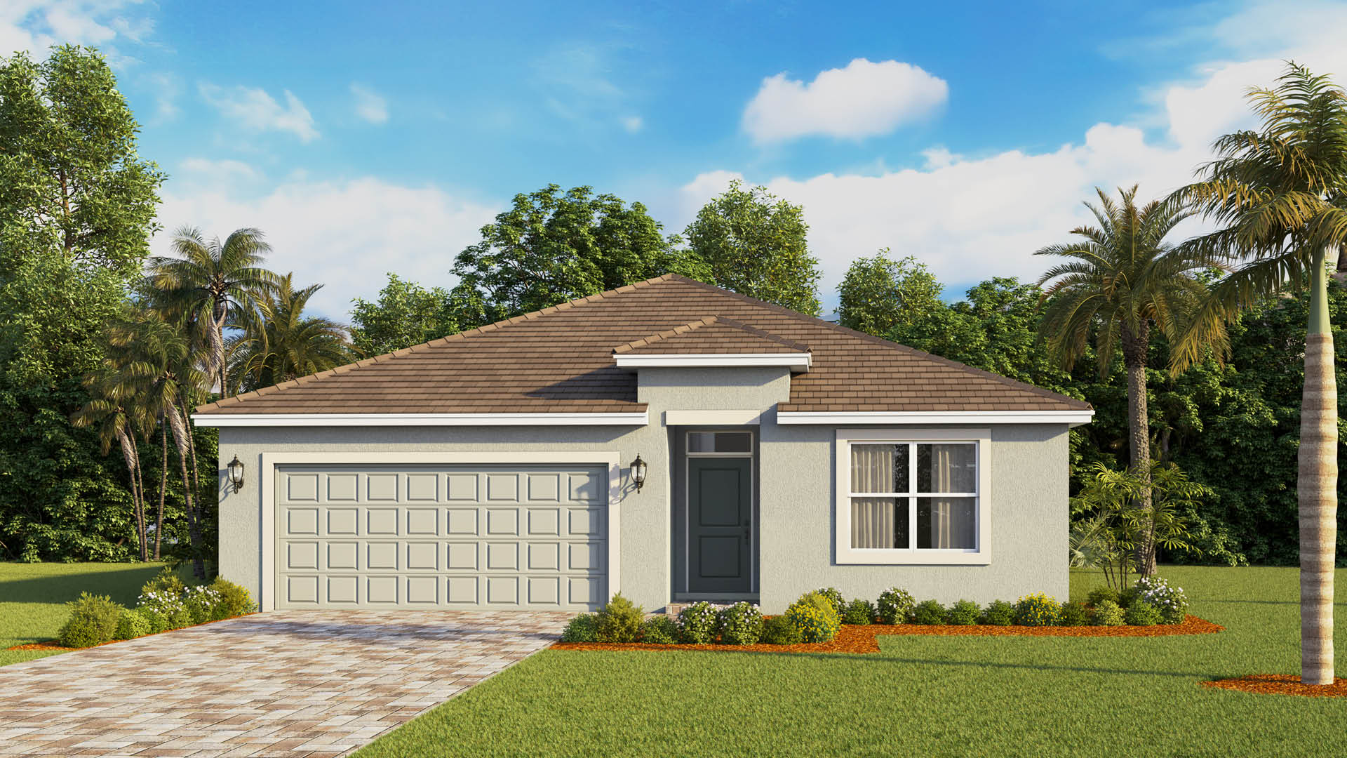 A single-story coastal-inspired home features a light beige stucco exterior, a dark gray front door, a brick-paved driveway leading to a two-car garage, and a lush green lawn accented by palm trees.