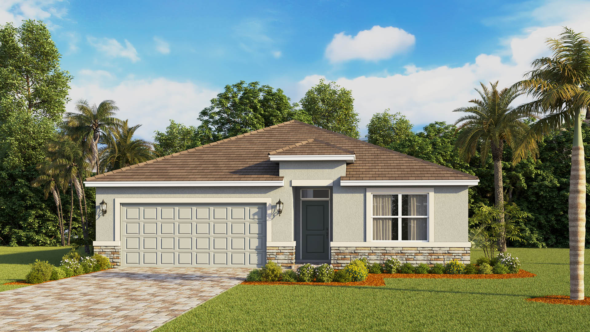 A single-story coastal-inspired home features a light beige stucco exterior with a multi-colored stone base, a dark gray front door, a brick-paved driveway leading to a two-car garage, and a lush green lawn accented by palm trees.