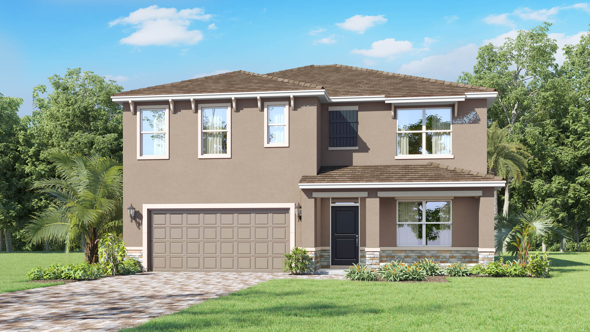 A two-story home features a brown stucco exterior, white window trim with dark shutters, decorative stone accents along the base, and a shingled roof, set against a green lawn with palm trees.