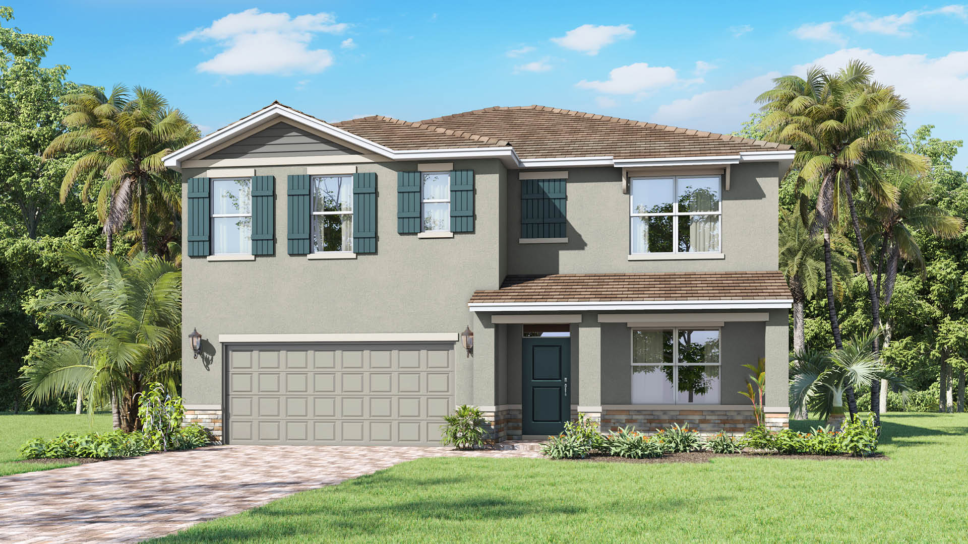 A two-story home features a grey-beige stucco exterior, slate blue shutters, decorative stone accents along the foundation, and a brown shingled roof, surrounded by a manicured lawn and palm trees.