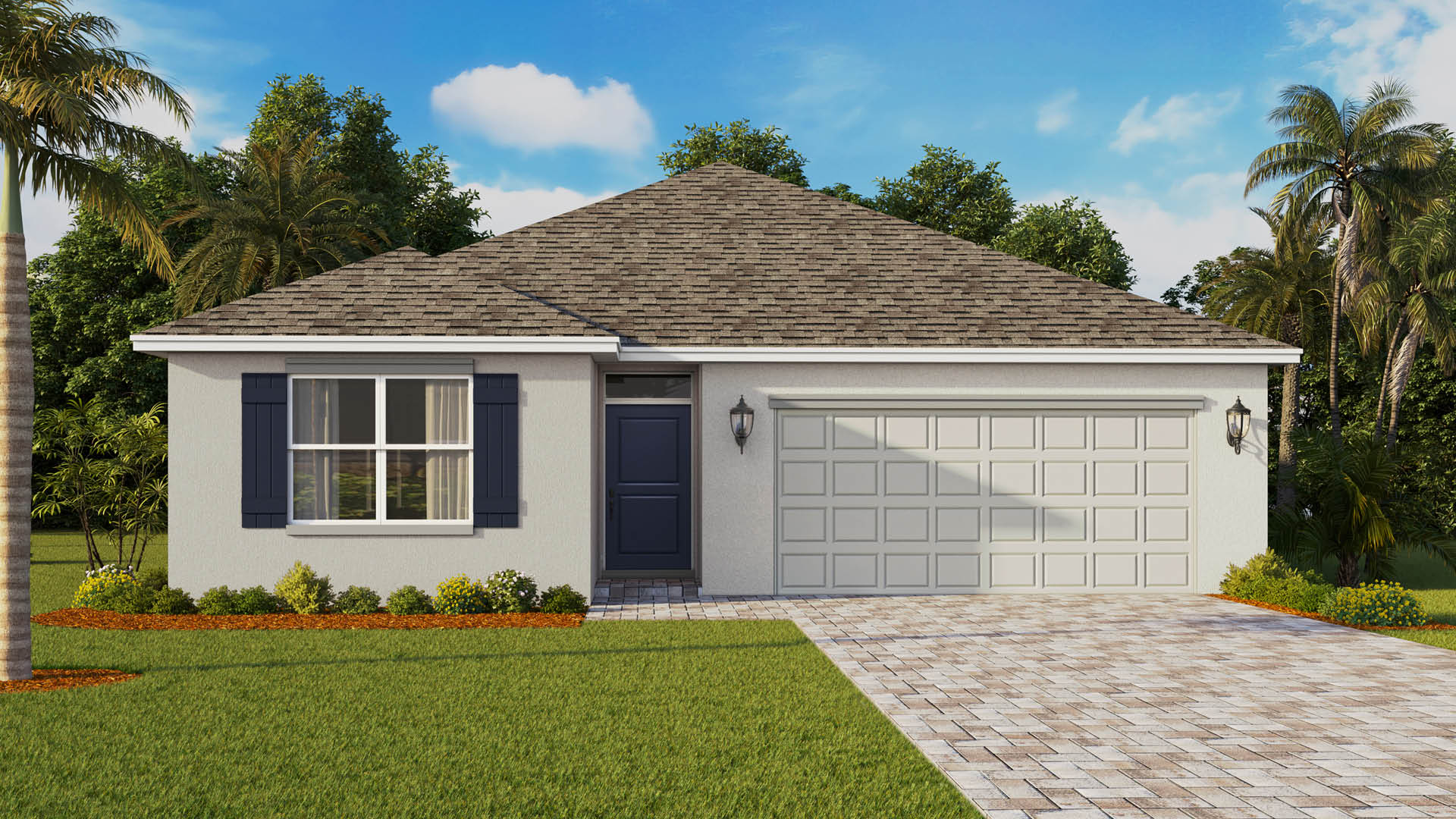 A modern single-story house with a gray exterior, dark blue shutters, a brick driveway.