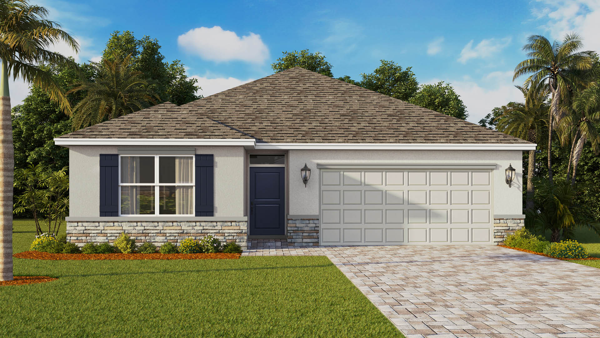 A single-story home featuring a gray stucco facade with stone accents along the base, a dark blue front door with matching shutters, and a brick paver driveway leading to a two-car garage.