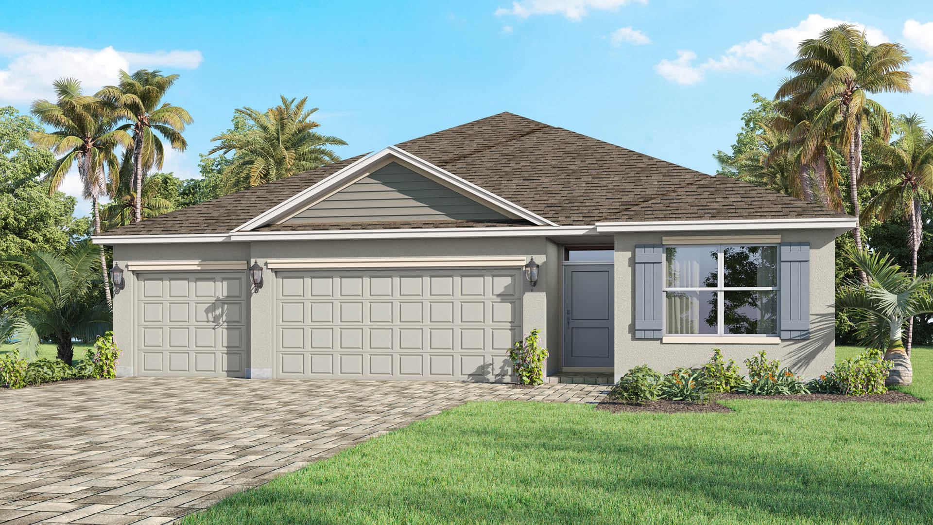 A single-story beige stucco home features blue shutters, a gabled roof peak over its three-car garage, and a light gray front door set against a tropical lawn.