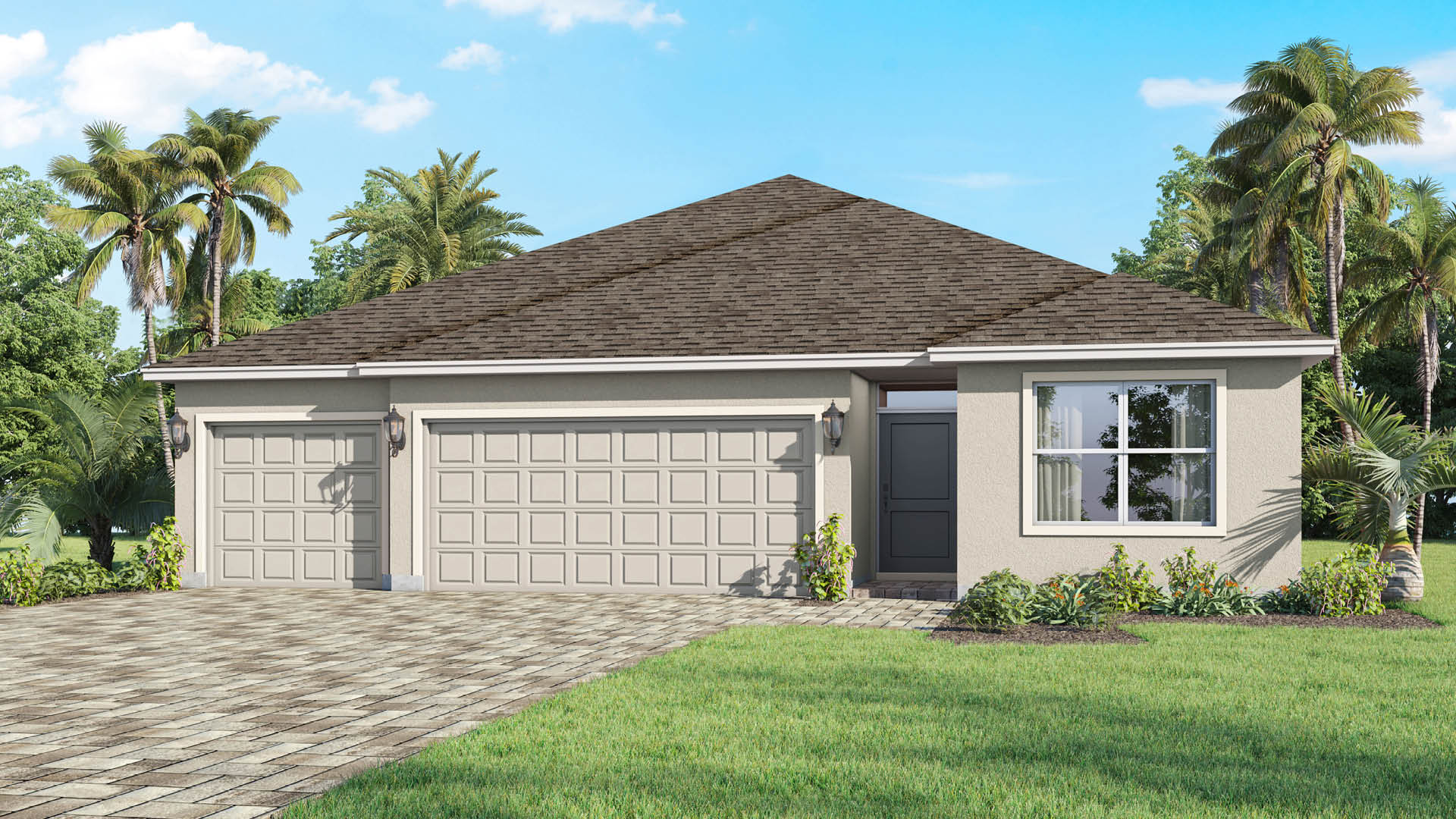 A single-story beige stucco home features a three-car garage, a dark gray front door, and a brick paver driveway surrounded by green lawns and palm trees.