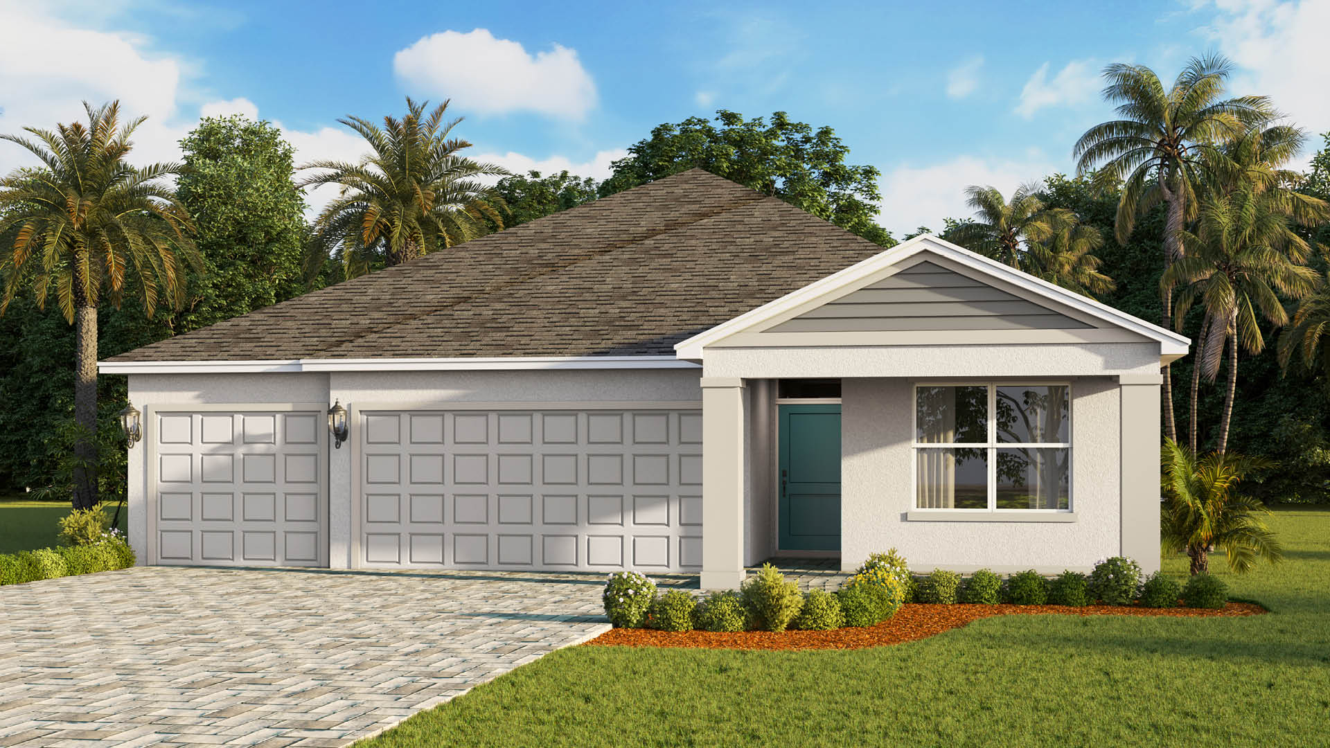 A single-story white stucco home features a three-car garage, a vibrant teal front door under a gabled entryway, and a brick paver driveway bordered by lush green lawns and palm trees.