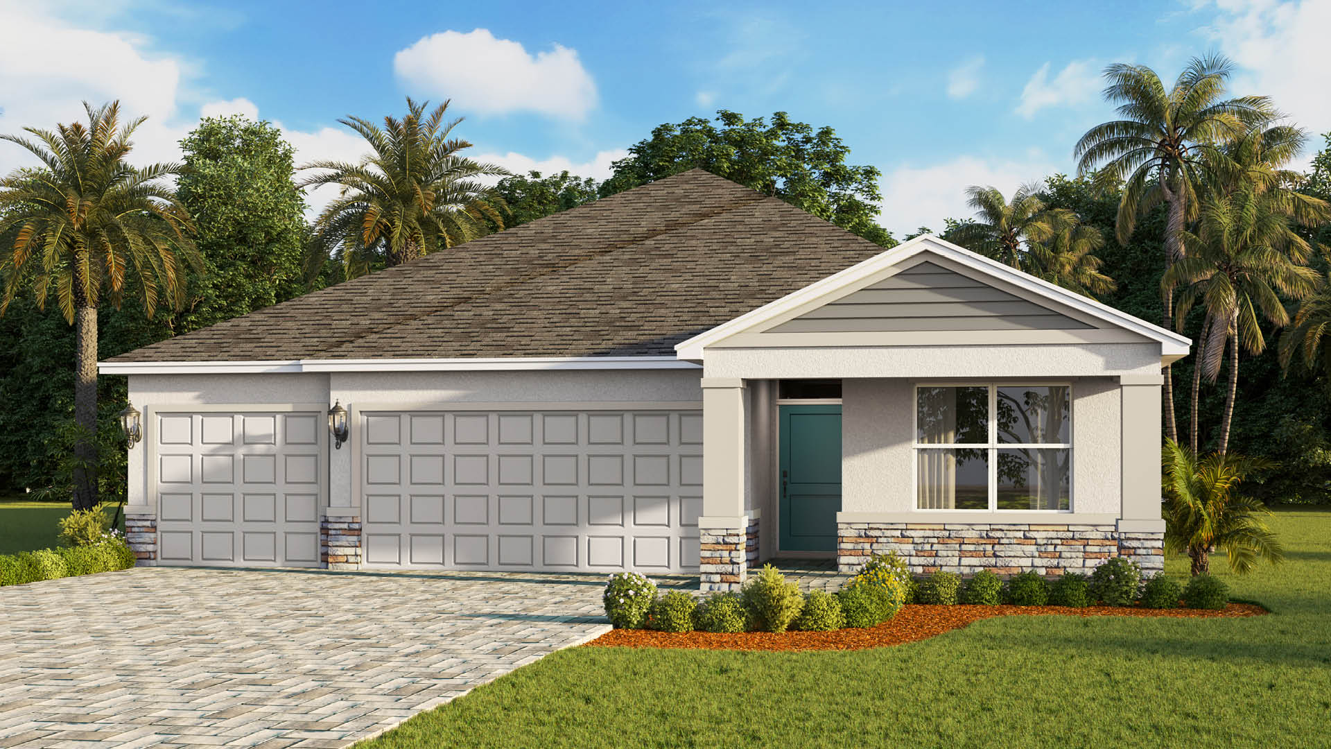 A single-story ranch house features a brown shingled hip roof, light tan stucco walls, and stone accents alongside a three-car garage, brick paver driveway, and a gabled front porch entryway with a teal front door.
