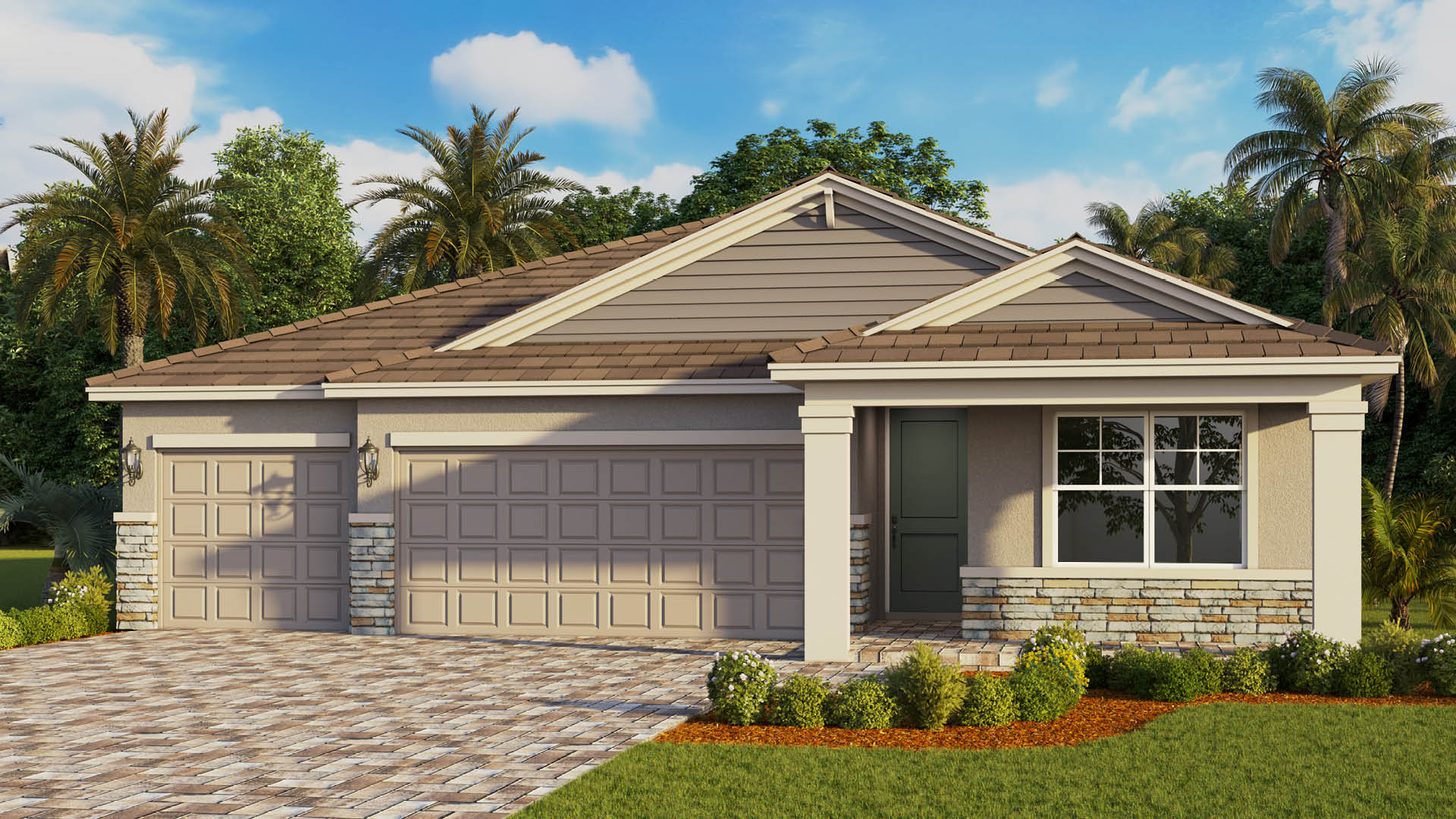A single-story modern craftsman-style home with a beige exterior, a gray tiled roof, and light-colored stacked stone accents along the base and lower front window wall. The house features a two-car garage alongside a separate one-car garage, both with matching beige paneled doors, and a dark blue front door tucked into an entryway alcove. A wide, patterned brick paver driveway leads to the garages, bordered by a neatly manicured green lawn and tropical landscaping with palm trees under a bright blue sky with light clouds.If you'd like, let me know if you want this tailored for a specific platform like Zillow, a personal blog, or for accessibility screen readers.You said: Make one sentenceA single-story modern craftsman home features a beige exterior with stone accents, a three-car garage, a dark blue front door, and a patterned brick driveway surrounded by lush tropical landscaping under a clear blue sky.If you need any adjustments, let me know if you want to emphasize specific elements like the architectural style, the landscaping, or the color palette.You sent: 1 image and said: create alt descriptioncreate alt descriptionA single-story ranch-style home features a beige stucco exterior with horizontal siding on the gables, a three-car garage, a covered front porch supported by square columns, and a dark green front door.