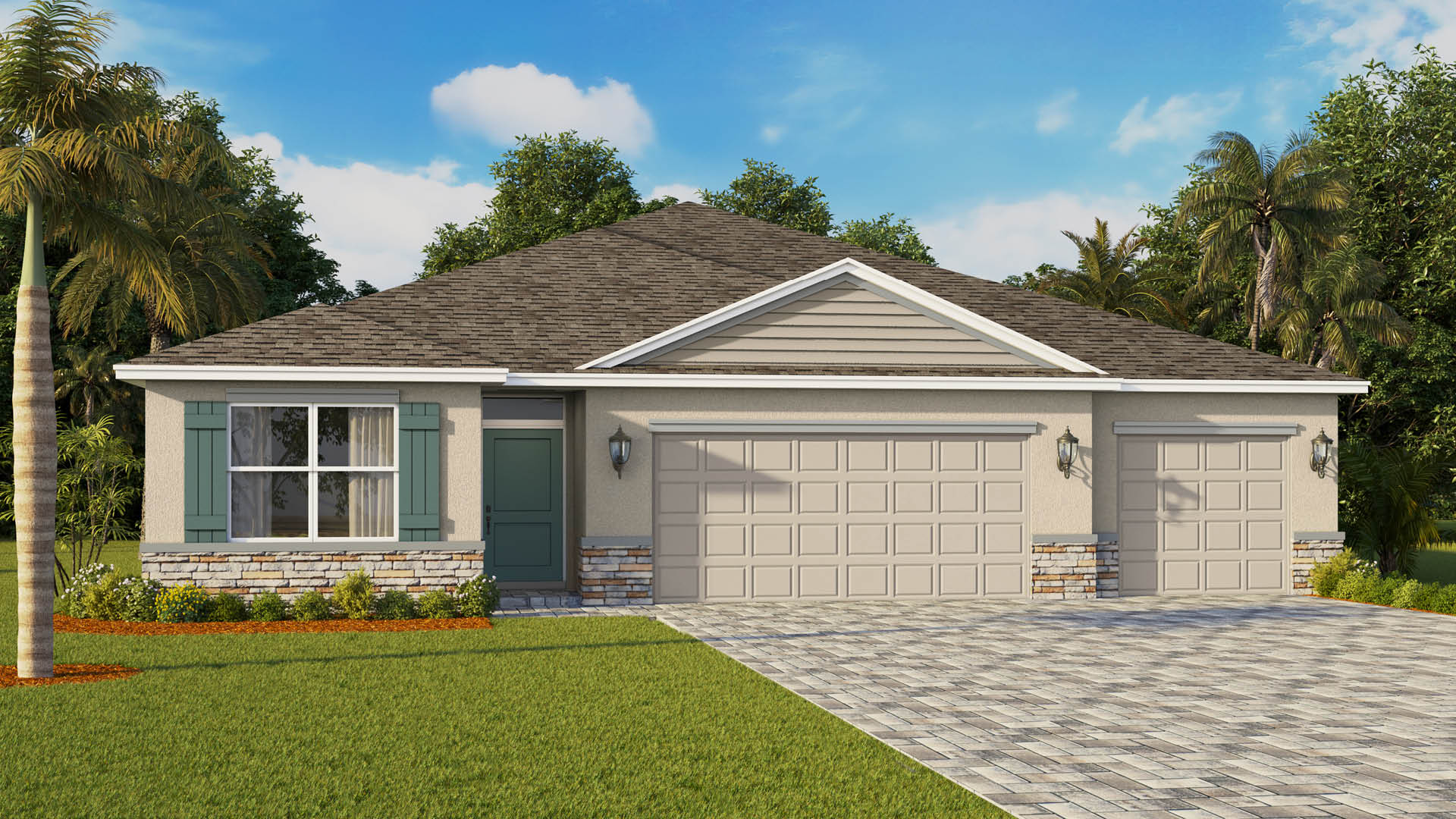 A single-story ranch house features a beige stucco exterior, a gray shingled roof, a dark green front door with matching window shutters, a stone veneer accent along the base, and a three-car garage with a wide paved driveway.