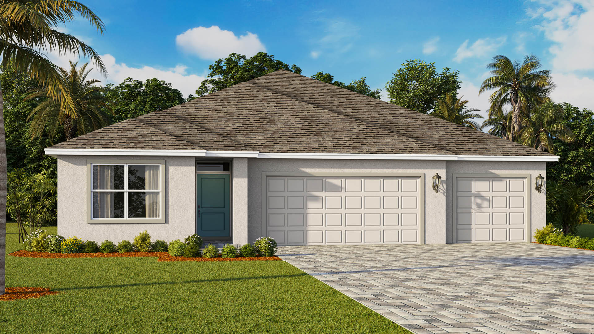 A single-story white stucco home features a dark teal front door, a multi-pane window with white trim, and a three-car garage with a matching brick paver driveway.
