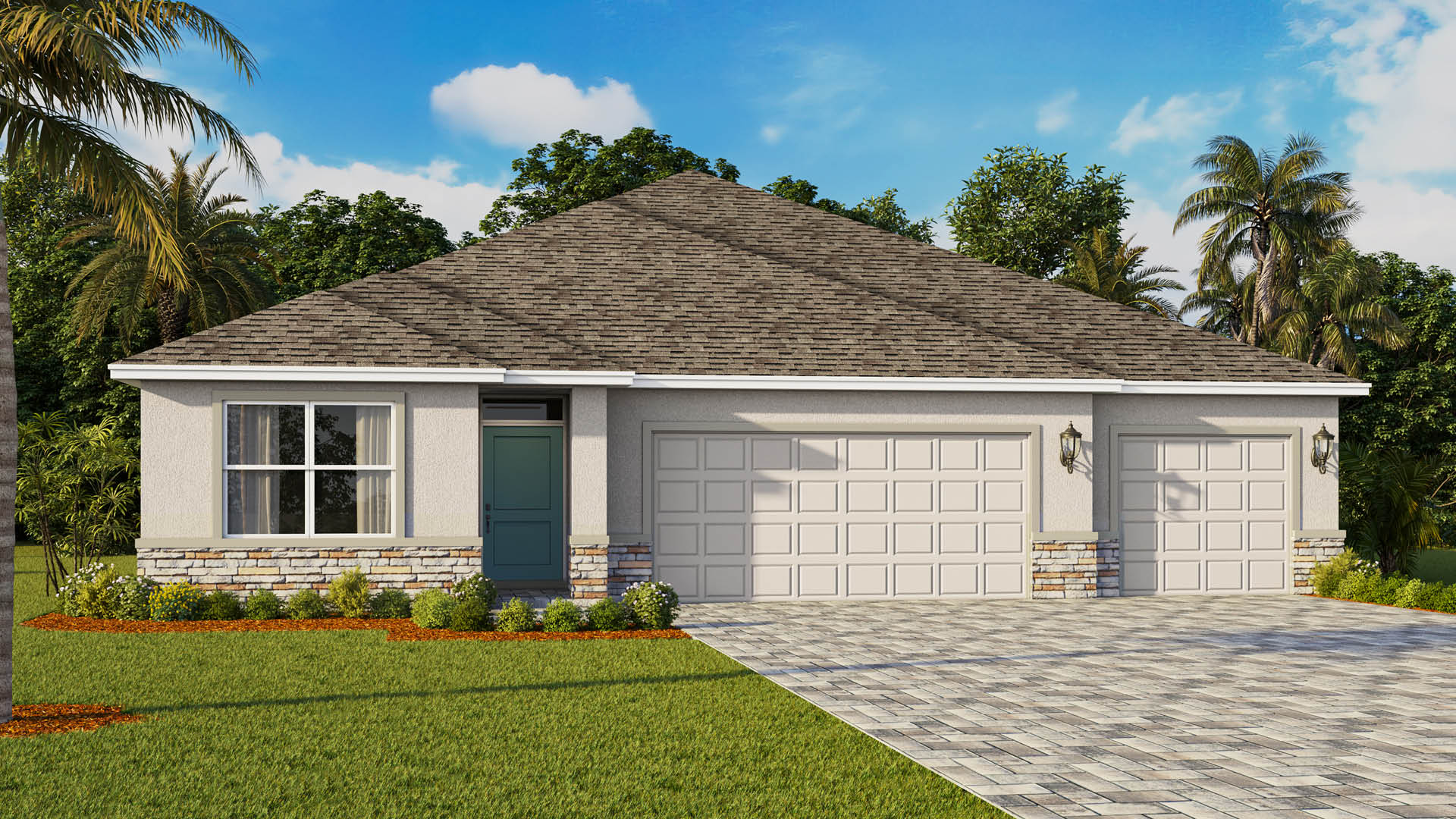 A single-story beige stucco house features a prominent hip roof with brown shingles, a teal front door, a stacked stone veneer base, and a three-car garage facing a wide paver driveway.