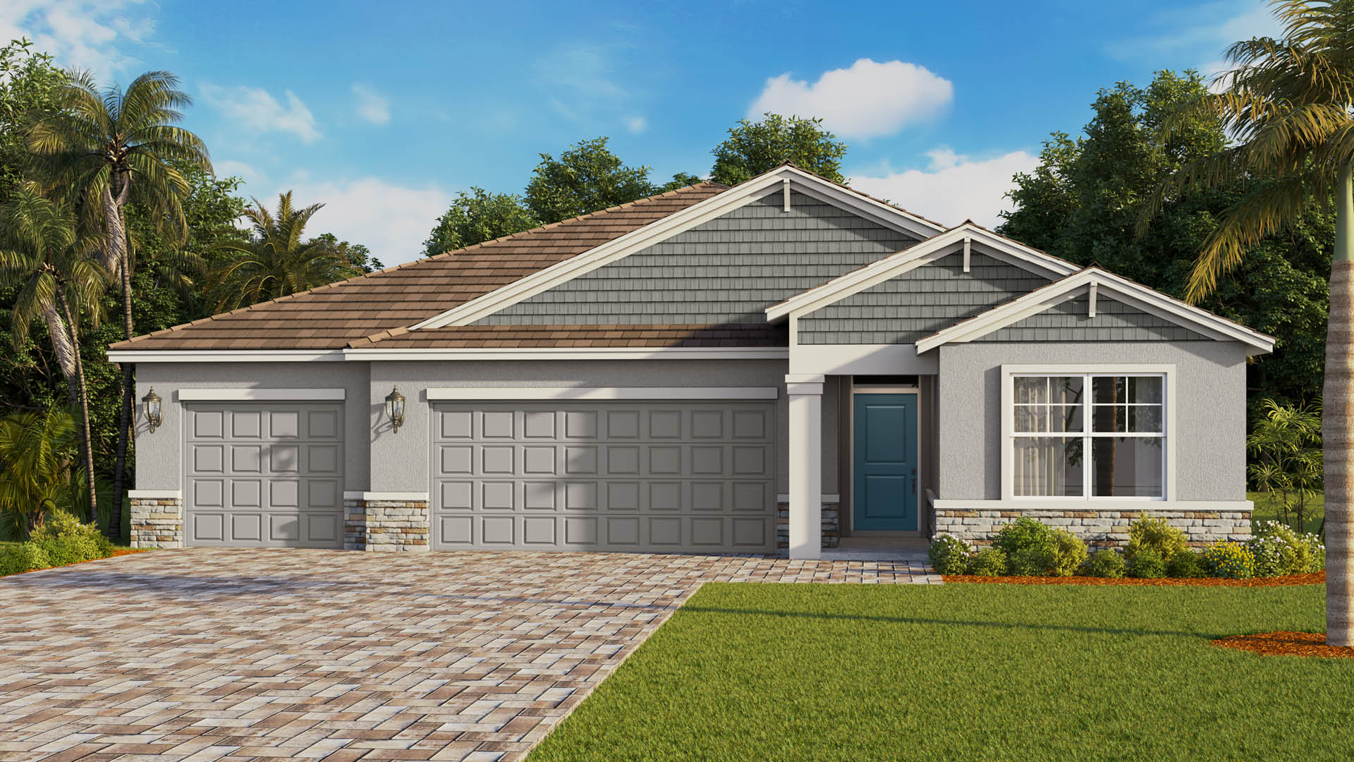 A single-story coastal craftsman home features a light gray exterior with dark gray cedar shake siding on the gables, a three-car garage, a white-columned covered entryway, and a vibrant teal front door.