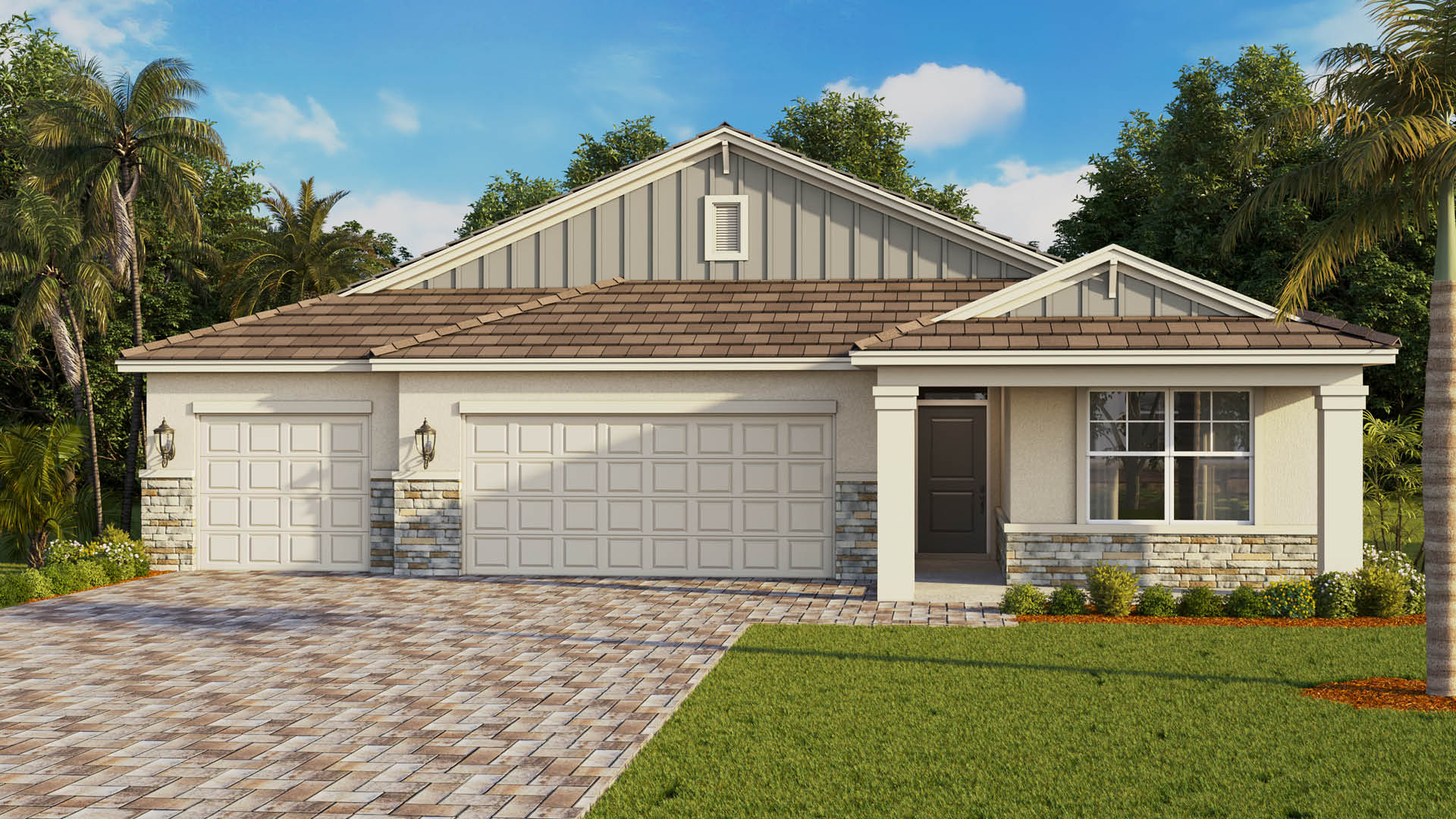 A single-story modern craftsman-style home with a beige exterior, a gray tiled roof, and light-colored stacked stone accents along the base and lower front window wall. The house features a two-car garage alongside a separate one-car garage, both with matching beige paneled doors, and a dark blue front door tucked into an entryway alcove. A wide, patterned brick paver driveway leads to the garages, bordered by a neatly manicured green lawn and tropical landscaping with palm trees under a bright blue sky with light clouds.If you'd like, let me know if you want this tailored for a specific platform like Zillow, a personal blog, or for accessibility screen readers.You said: Make one sentenceA single-story modern craftsman home features a beige exterior with stone accents, a three-car garage, a dark blue front door, and a patterned brick driveway surrounded by lush tropical landscaping under a clear blue sky.If you need any adjustments, let me know if you want to emphasize specific elements like the architectural style, the landscaping, or the color palette.You sent: 1 image and said: create alt descriptioncreate alt descriptionA single-story ranch-style home features a beige stucco exterior with horizontal siding on the gables, a three-car garage, a covered front porch supported by square columns, and a dark green front door.If you are finalizing a listing or gallery, let me know if you would like me to point out the main structural differences between this version and the previous one.You sent: 1 image and said: Create alt descriptionCreate alt descriptionA single-story coastal craftsman home features a light gray exterior with dark gray cedar shake siding on the gables, a three-car garage, a white-columned covered entryway, and a vibrant teal front door.If you are updating a real estate portfolio, let me know if you want to compare the materials or highlight the color variations across all three home models.You sent: 1 image and said: Create alt descriptionCreate alt descriptionA single-story farmhouse-style home features an off-white exterior with vertical board and batten siding on the main gable, a three-car garage, a covered front porch with square columns, and a dark charcoal front door.